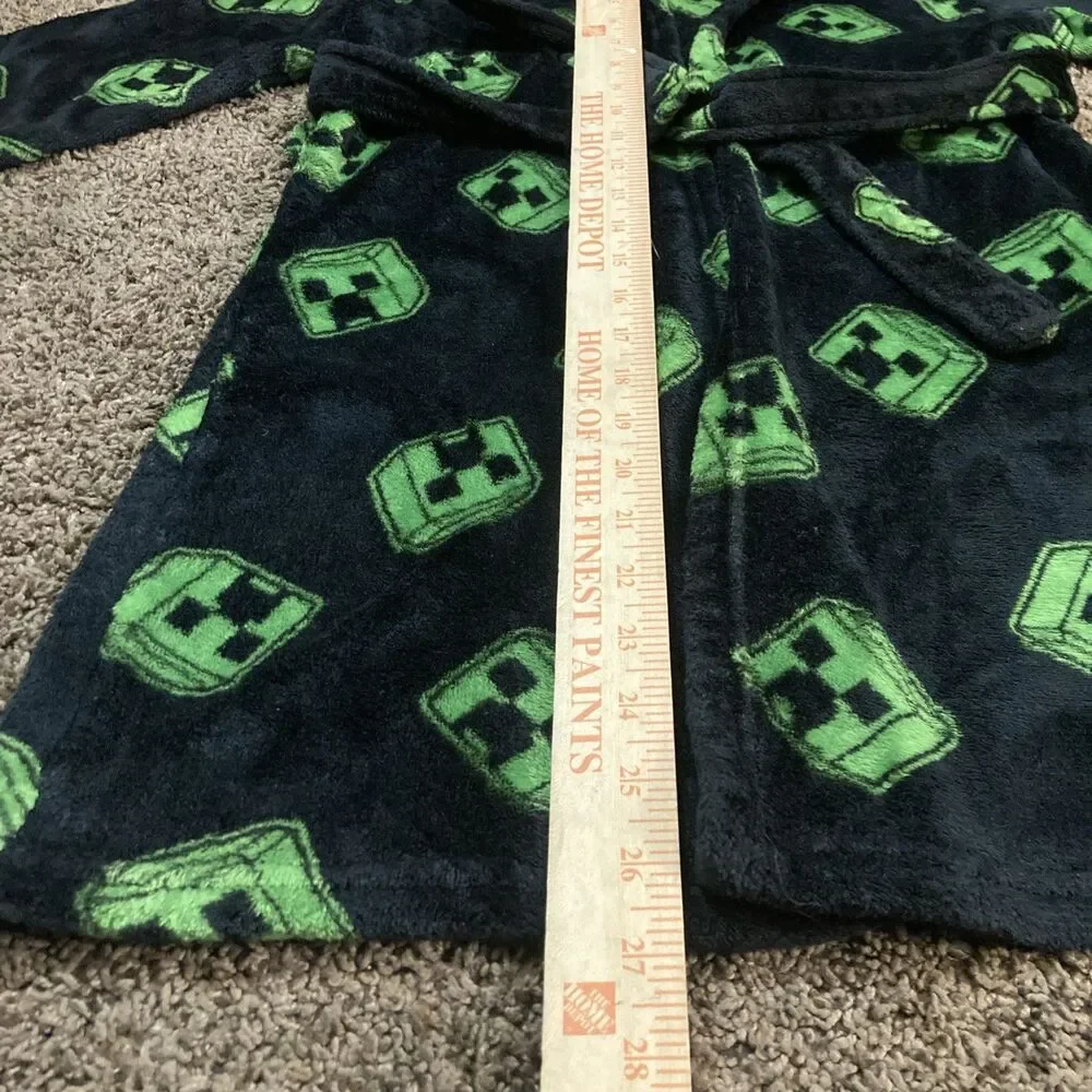 Minecraft Game Fleece Creeper Bathrobe Tie Wait Black/Green Kids Size L (10)